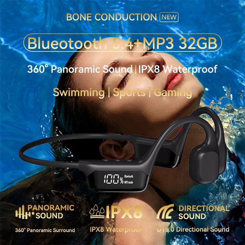 Bone Conduction Headphones Bluetooth 5.4 Wireless Earphone IPX8 Waterproof for Swimming Sports Support MP3 Player with 32G RAM - GadgetGrid