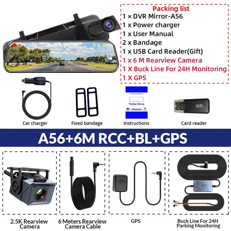 3K+2.5K DVR Mirror for 10"Dash Cam Recorder Optional Rear Camera Night Vision Hisllicon Chip GPS WIFI 24H Parking Monitor - GadgetGrid