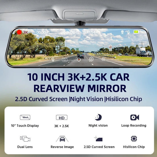 3K+2.5K DVR Mirror for 10"Dash Cam Recorder Optional Rear Camera Night Vision Hisllicon Chip GPS WIFI 24H Parking Monitor - GadgetGrid