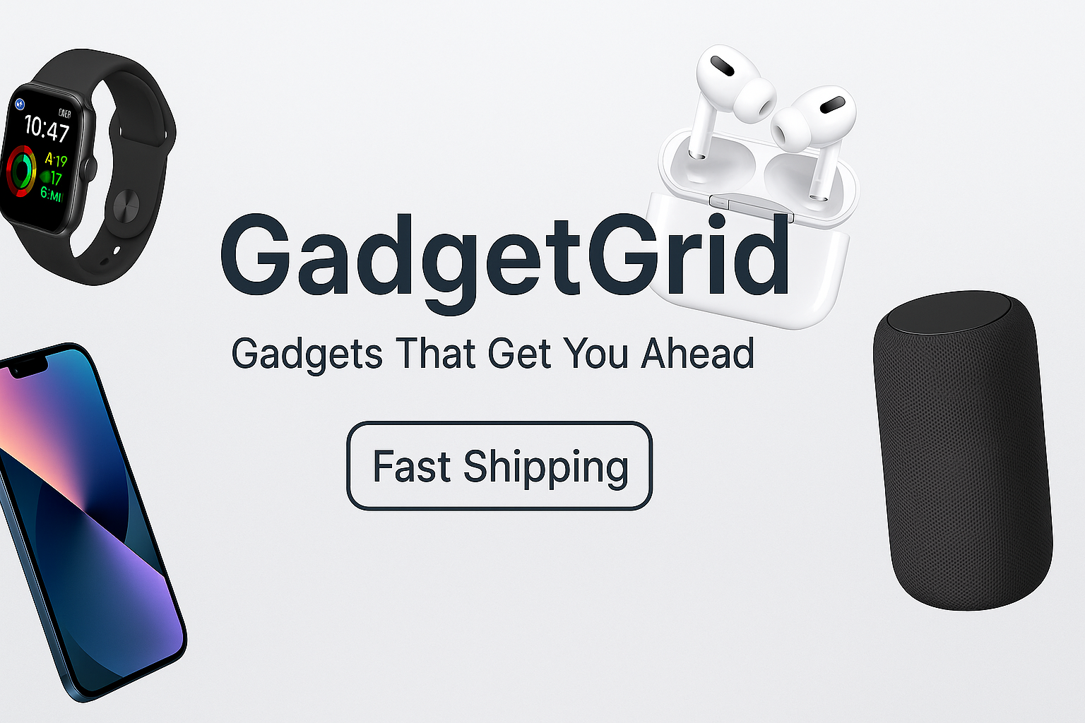 Promotional banner for GadgetGrid with smartwatch, phone, earbuds, and speaker on a light gray background.