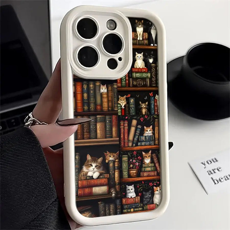 Phone Case for Iphones Soft Cover Shell Vintage Bookshelf Kitten - GadgetGrid