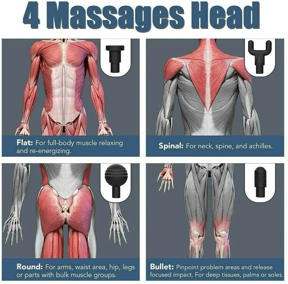 Massage Gun Percussion Massager Deep Tissue Muscle Vibrating Relaxing + 4 Heads - GadgetGrid