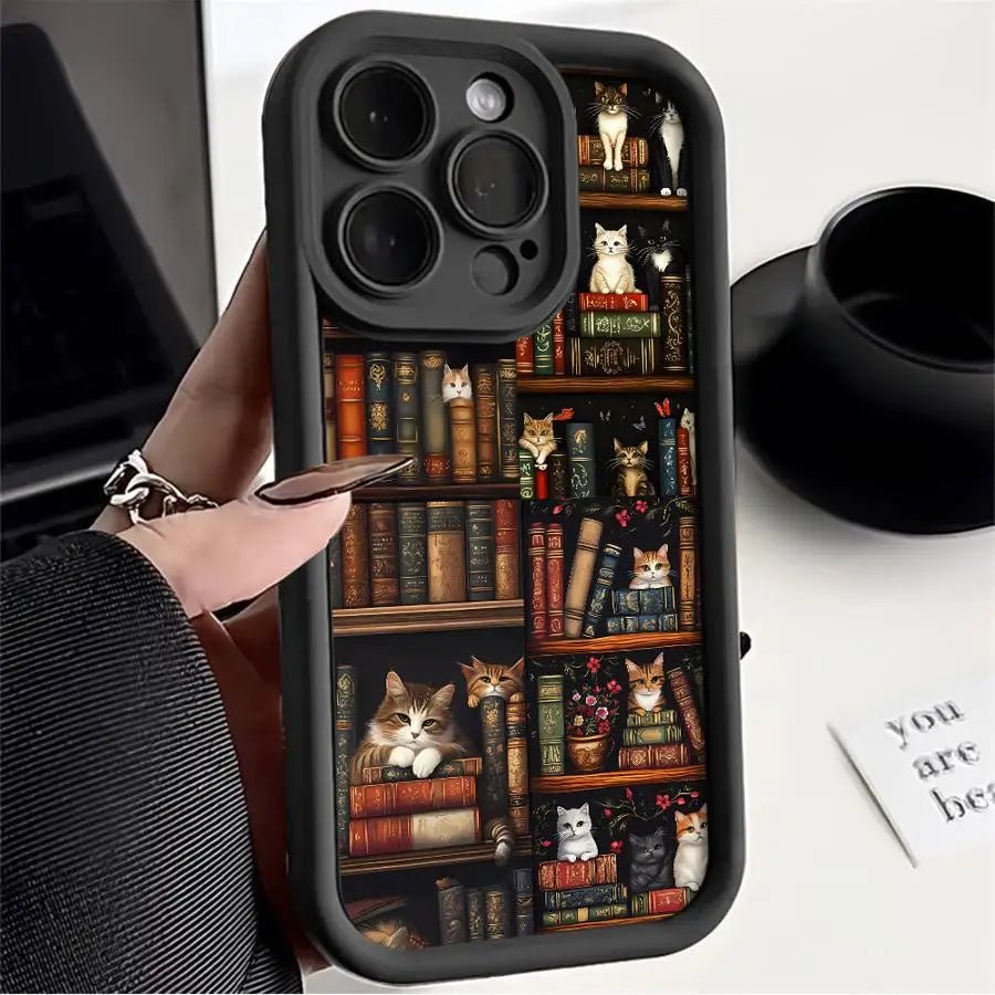 Phone Case for Iphones Soft Cover Shell Vintage Bookshelf Kitten - GadgetGrid