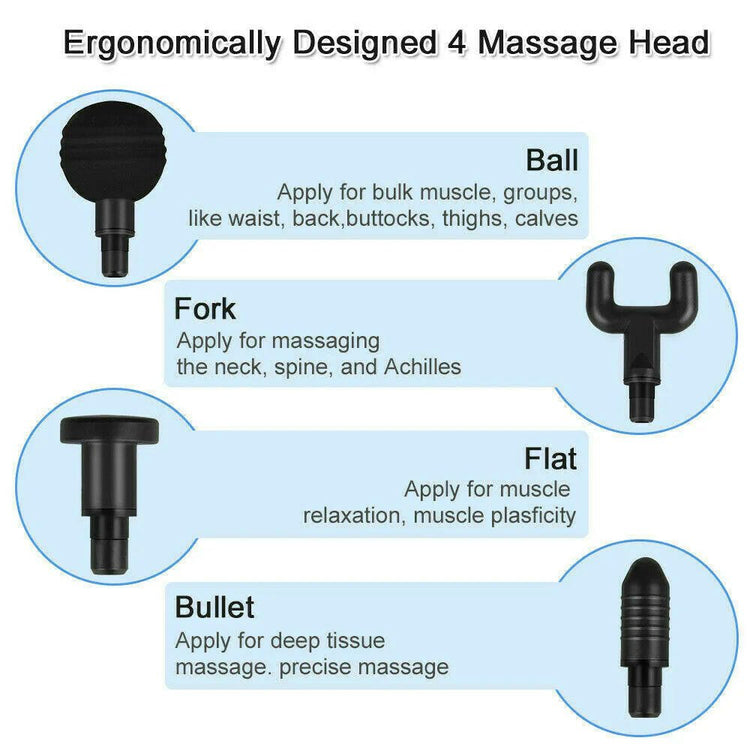 Massage Gun Percussion Massager Deep Tissue Muscle Vibrating Relaxing + 4 Heads - GadgetGrid