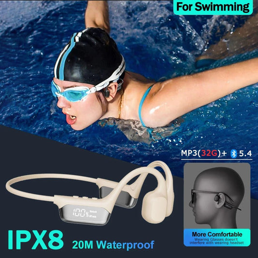 Bone Conduction Headphones Bluetooth 5.4 Wireless Earphone IPX8 Waterproof for Swimming Sports Support MP3 Player with 32G RAM - GadgetGrid