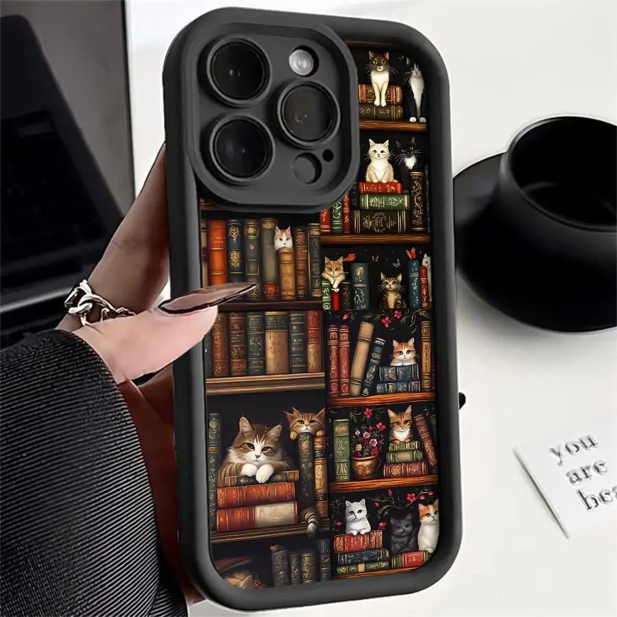 Phone Case for Iphones Soft Cover Shell Vintage Bookshelf Kitten - GadgetGrid