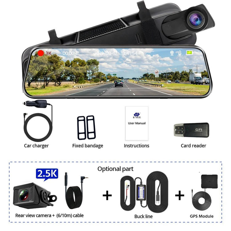 3K+2.5K DVR Mirror for 10"Dash Cam Recorder Optional Rear Camera Night Vision Hisllicon Chip GPS WIFI 24H Parking Monitor - GadgetGrid