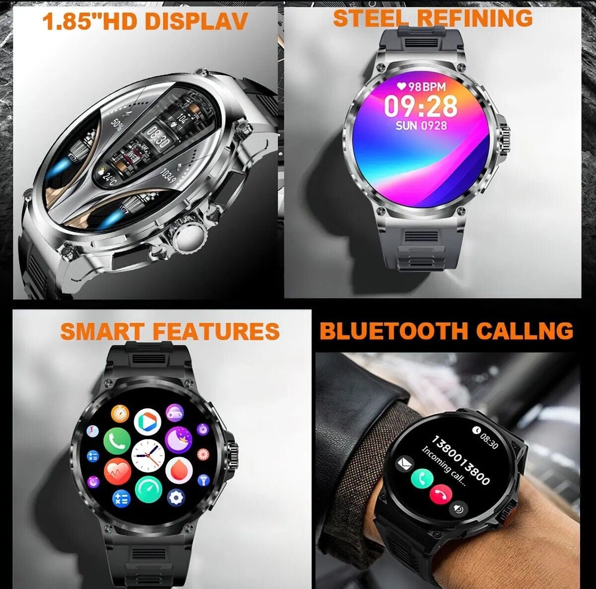 1.85" Ultra HD Smartwatch GPS Bluetooth Call Health Monitoring Watch Gym Gift - GadgetGrid